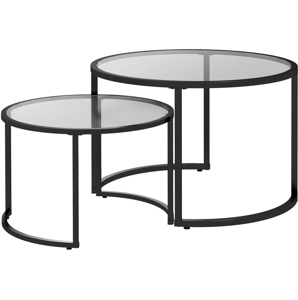 Set 2 tavolini ULEVR in vetro temperato e acciaio nero, ?70 e ?54 cm, parzialmente sovrapponibili