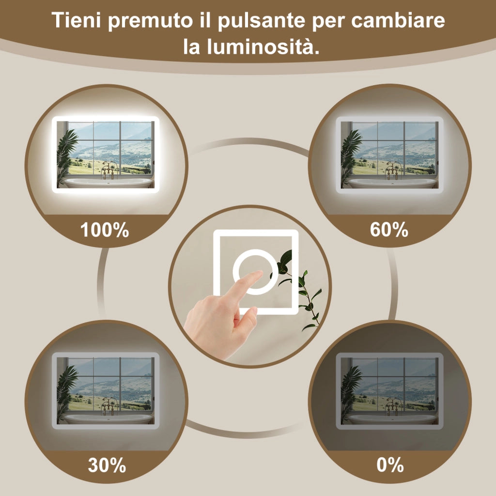 Aica Specchio da bagno a LED con Bluetooth 100 x 60 cm, 3 colori di luce regolabili, tasti a sfioramento
