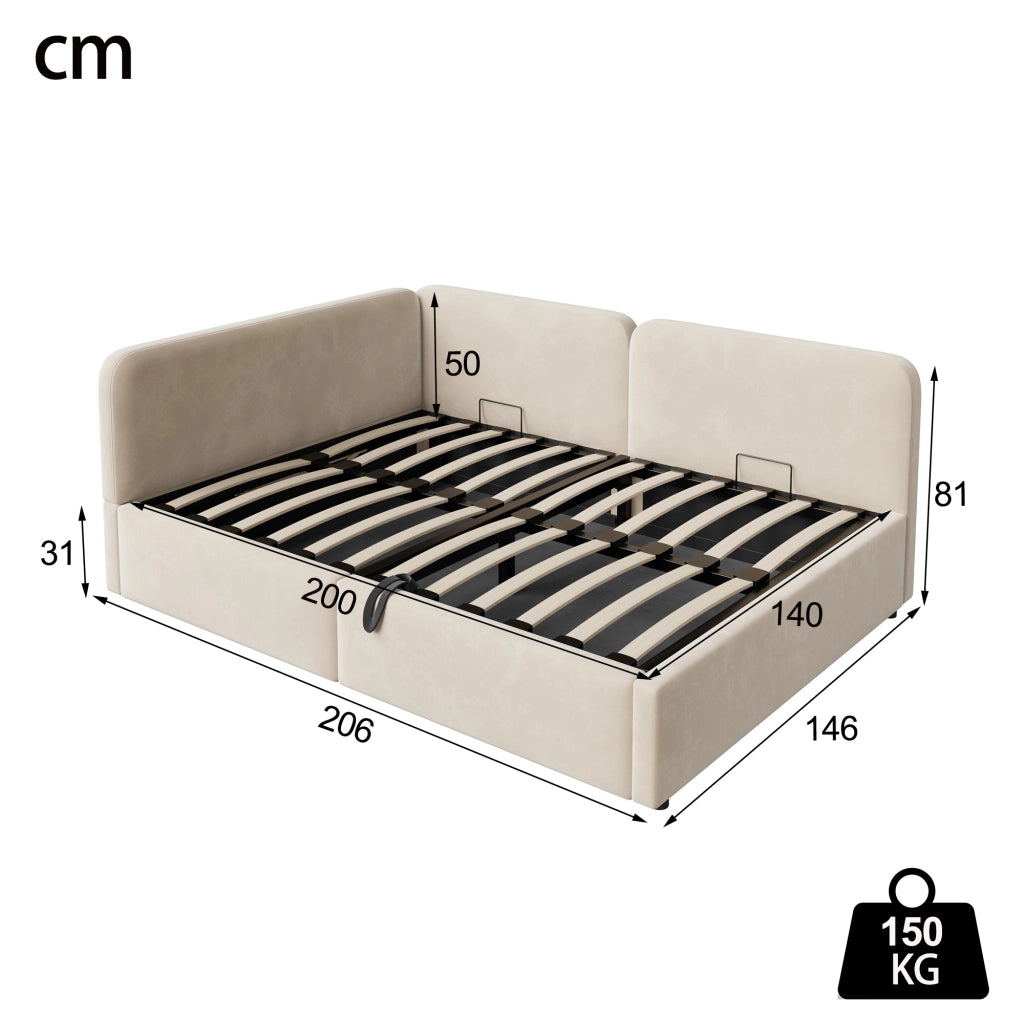 Divano letto imbottito 140x200 cm con vano idraulico e testiera reversibile; beige