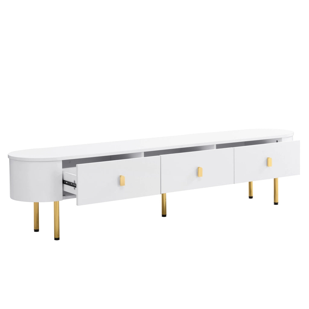 Mobile porta TV con 3 cassetti e maniglie dorate in MDF bianco lucido con angoli arrotondati 174 × 35 × 41 cm