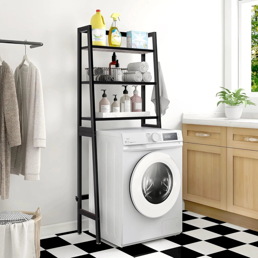 Mensola portaoggetti per bagno, 3 Livelli Sopra Scaffale per lavatrice, organizzatore di spazio per il bagno, autoportante sopra la toilette con porta carta igienica e ganci (Nero)