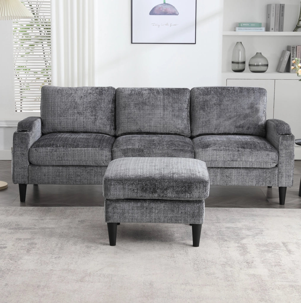 Divano 4 posti in ciniglia grigio con pouf contenitore