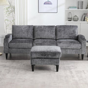 Divano 4 posti in ciniglia grigio con pouf contenitore