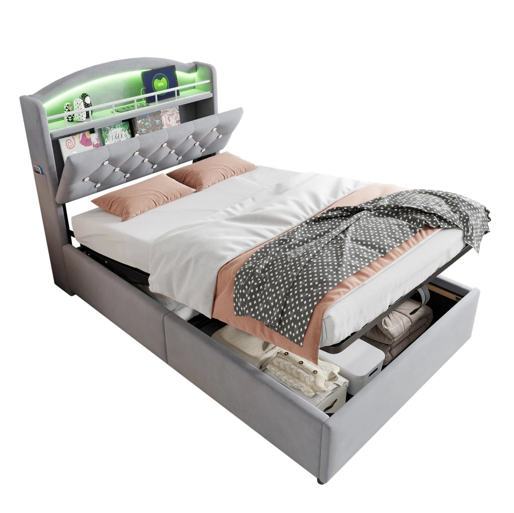 Letto contenitore 90x200 cm in velluto grigio con LED; USB e vano portaoggetti