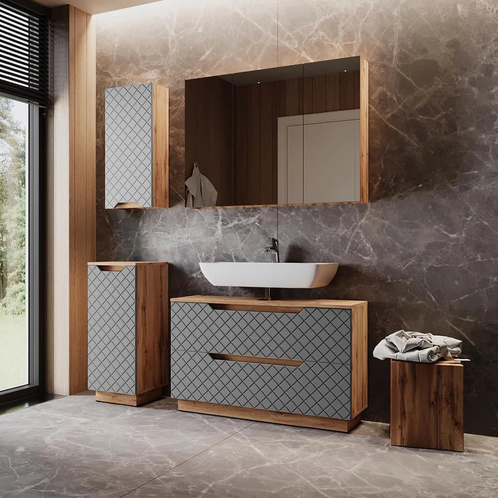Set di mobili da bagno Lotta, Rovere/grigio con struttura in piastrelle, 4 parti