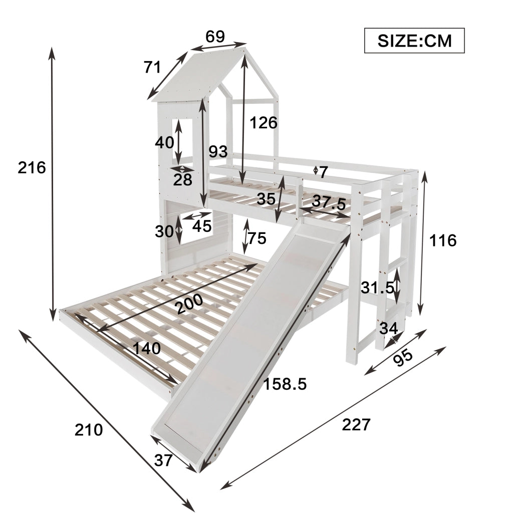 Letto a Castello Letto 3 Posti con Scivolo; Sponda e Scala; 90×200 cm e 140×200 cm; senza Materasso