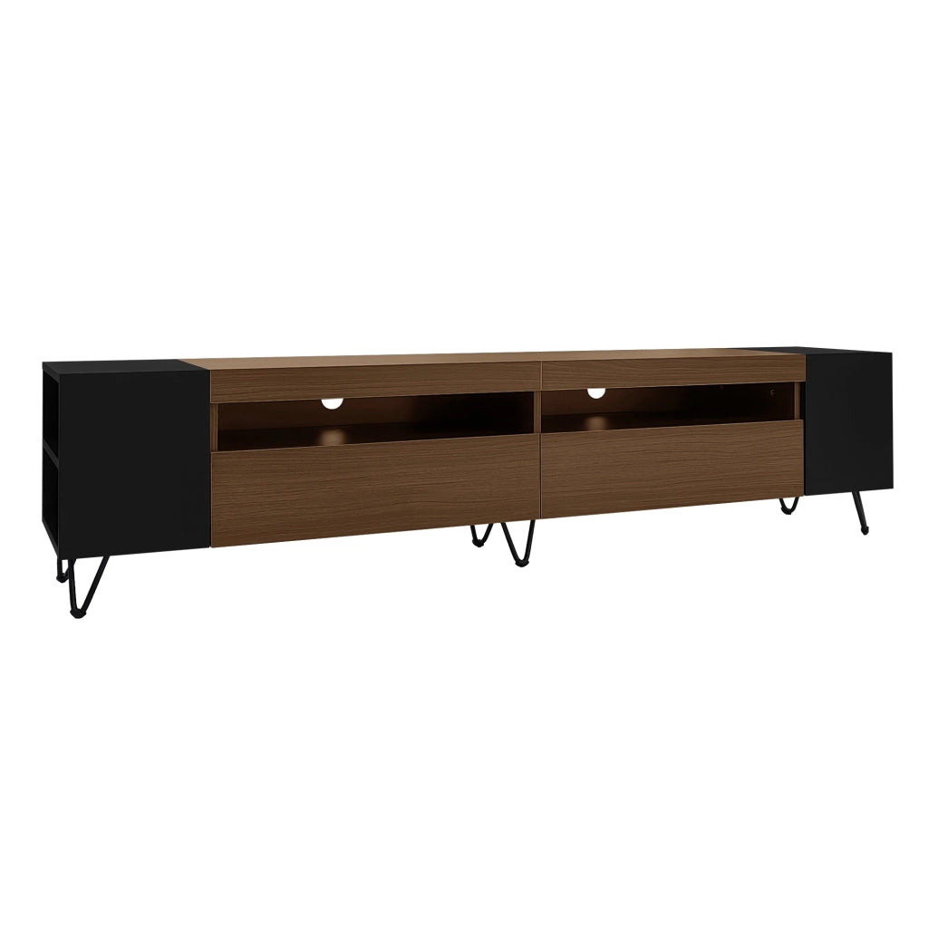 Mobile porta TV con due ante e vani aperti in MDF e legno nero, per soggiorno moderno e pratico 180 × 36 × 43 cm