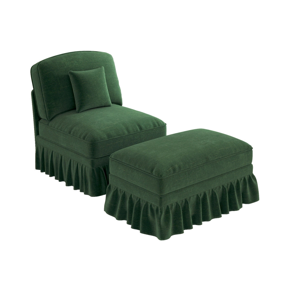 Divano in ciniglia verde con pouf; gonna con volant removibile e cuscino mobile