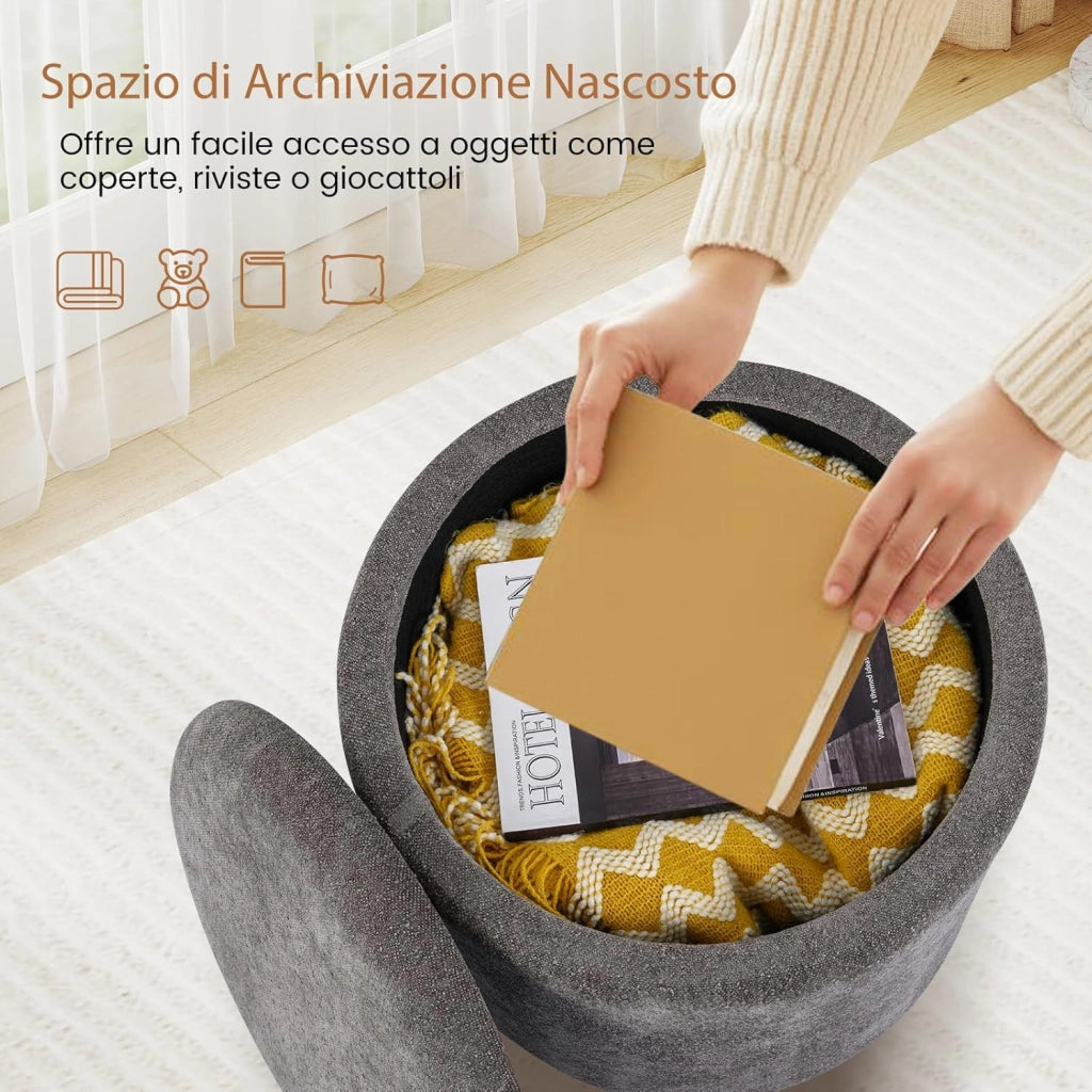 Pouf Contenitore 35 L, Ottomano in Tessuto Ciniglia con Coperchio Rimovibile, Sgabello con Gambe in Legno di Gomma, Portata 150 kg, per Soggiorno e Camera da Letto (Grigio)