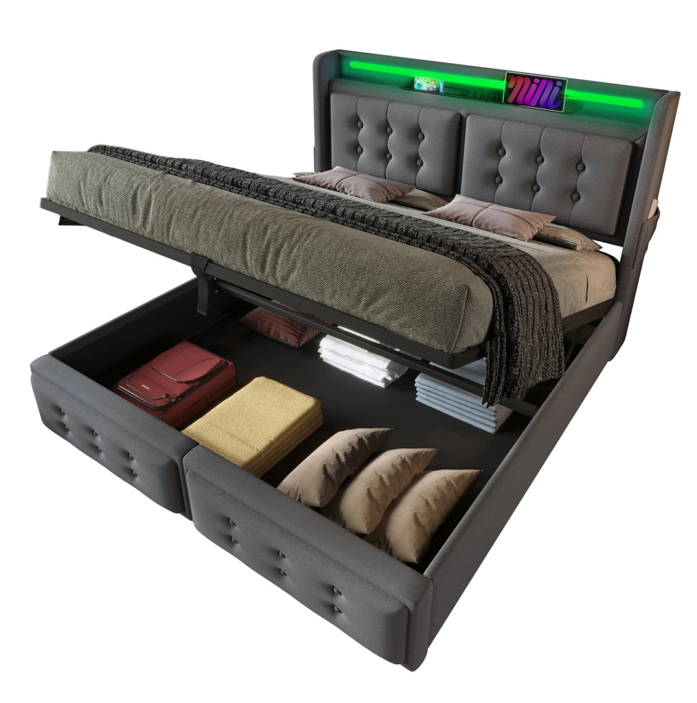 Letto matrimoniale contenitore 180x200 cm con LED e USB C; cotone e lino grigio