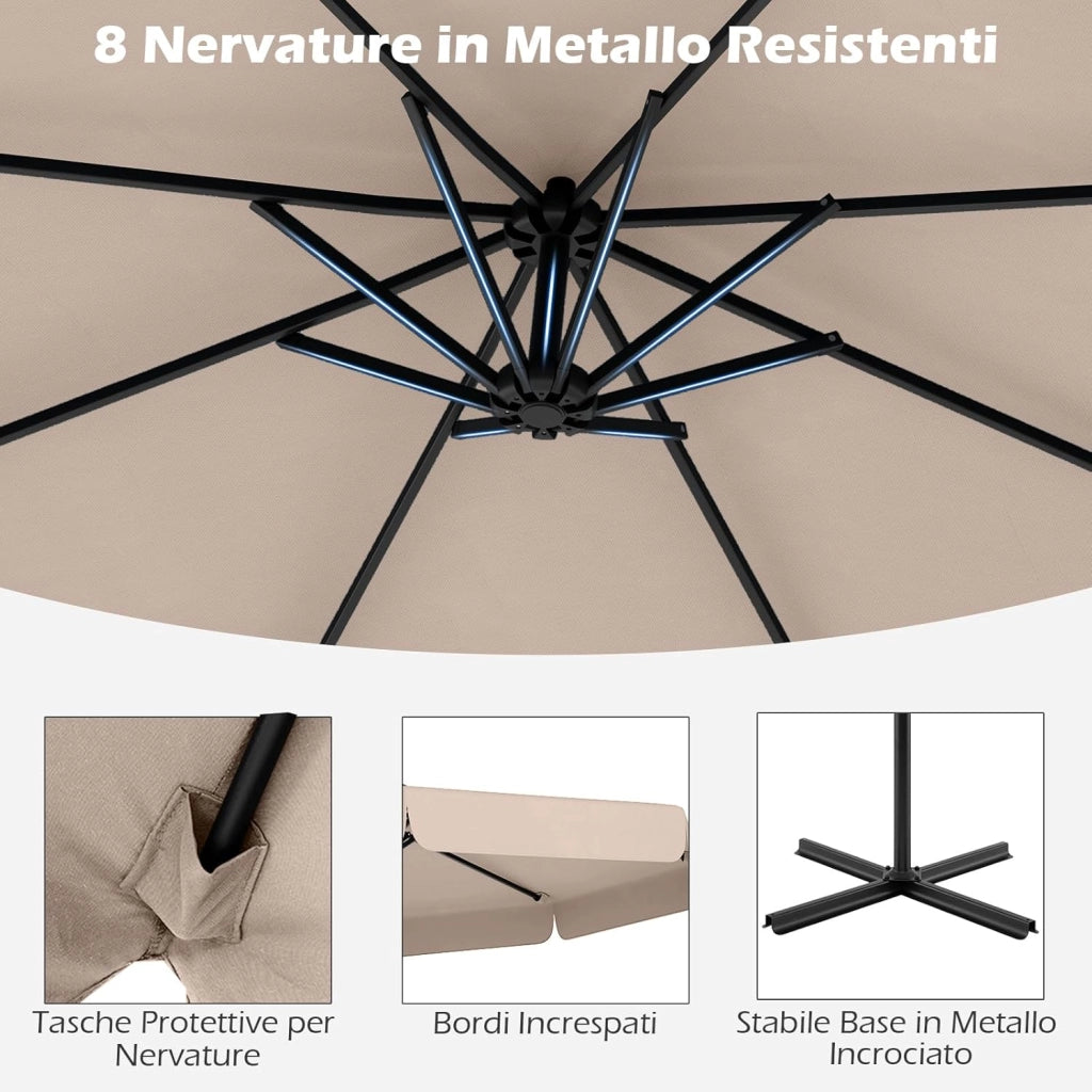 Ombrellone da Giardino 290 cm a Braccio | Inclinazione Regolabile, Manovella, 8 Stecche, Telo Solare, Copertura Inclusa (Beige, Non Base)