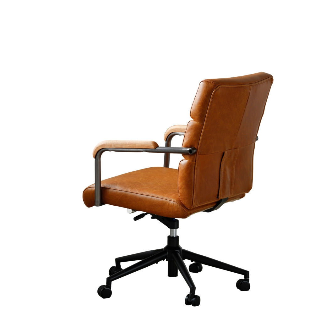 Sedia da ufficio girevole in pelle marrone con ruote silenziose e braccioli in legno
