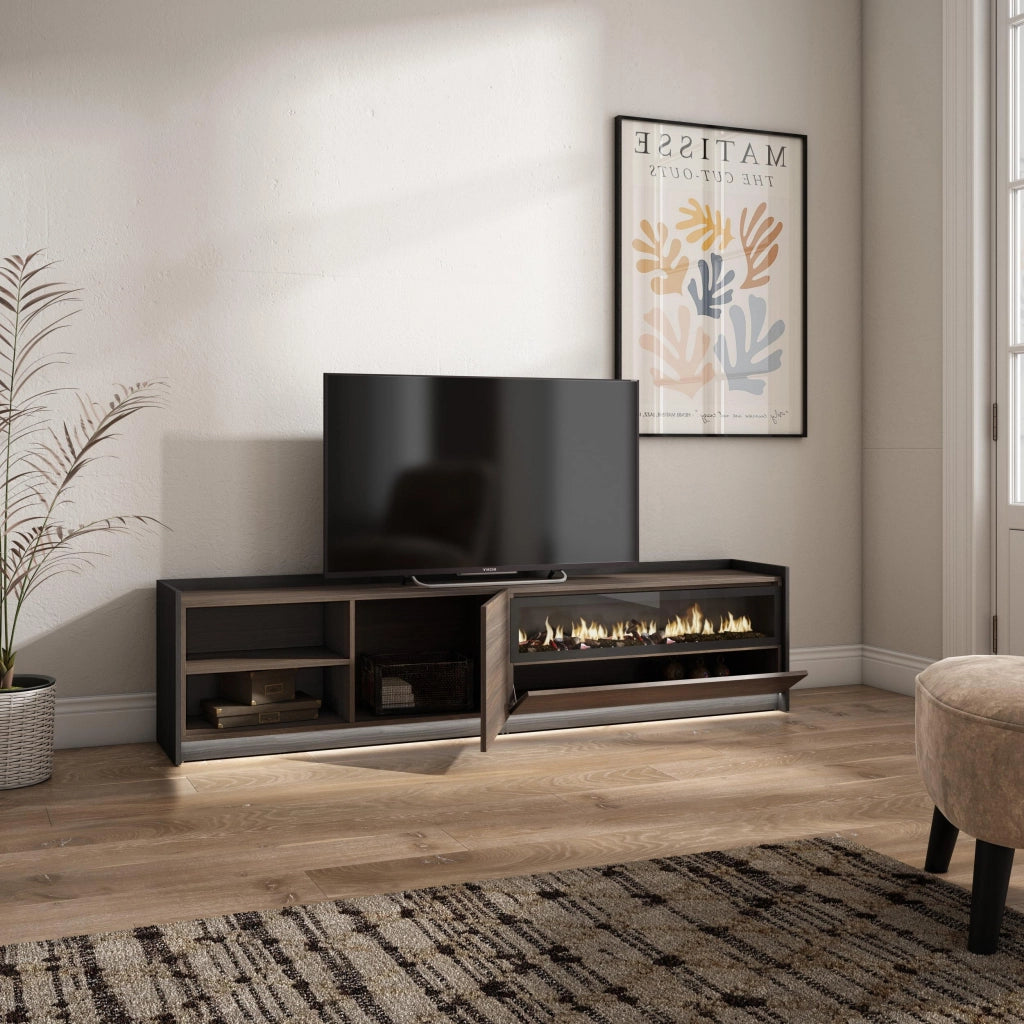 Mobile TV Soggiorno, 207x50x37 cm, Per TV fino a 80", Camino elettrico, LED, Rovere scuro e Nero