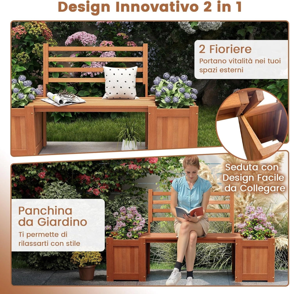 Fioriera da Esterno in Legno con Panca, Panchina da Giardino con 2 Fioriere, Schienale, Base Aperta e Finitura ad Olio di Teak, Contenitore Decorativo per Piante da Cortile e Balcone
