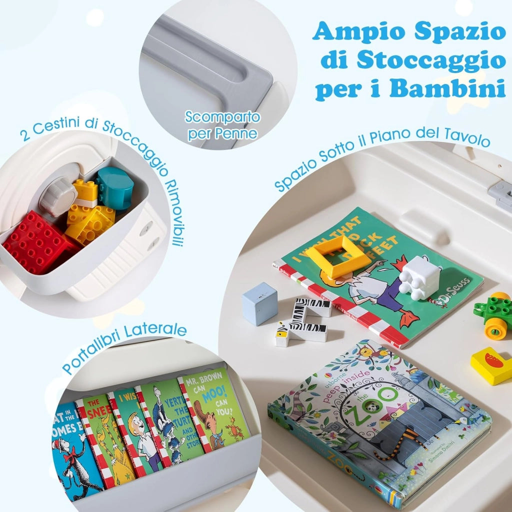Set Tavolo e Sedia 6 in 1 per Bambini 18+ Mesi, Tavolino Pieghevole con Piano Reversibile, Porta Penne, Cesti Contenitori e Scaffale, Tavolo Salvaspazio per Giochi per Cameretta (Grigio)