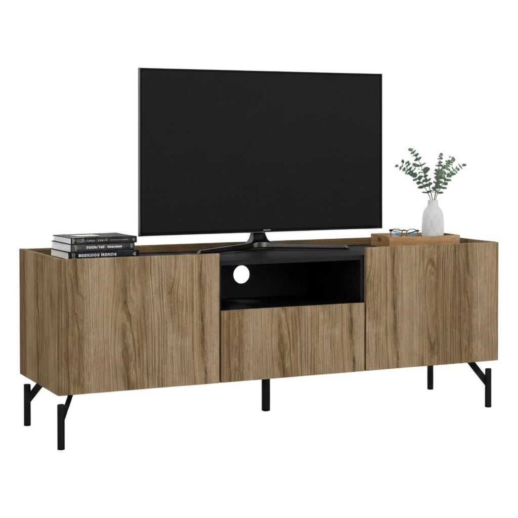 Mobile porta TV Duchi, Credenza da soggiorno, Armadio basso per TV, Base parete attrezzata, 147x41 h54 cm, Quercia e Nero