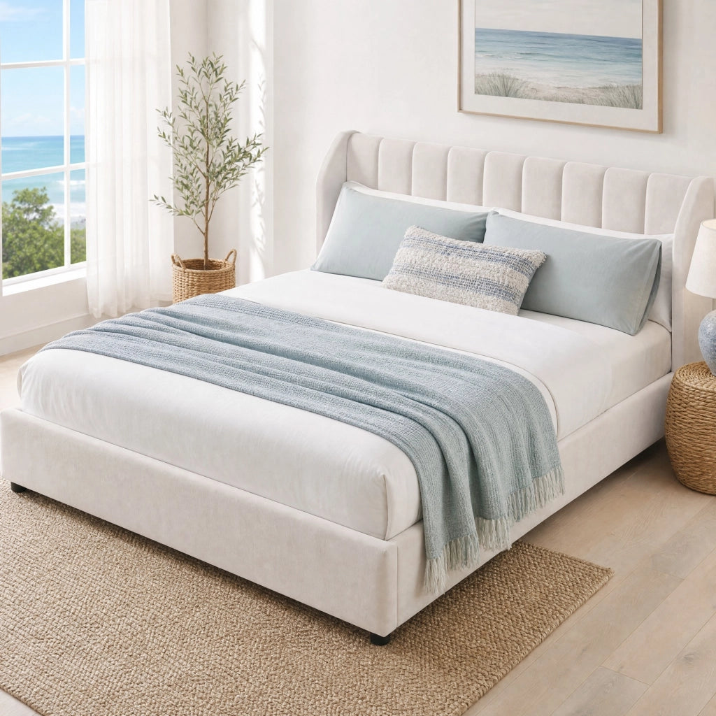 Letto imbottito 180x200 cm con testiera trapuntata e rete a doghe beige