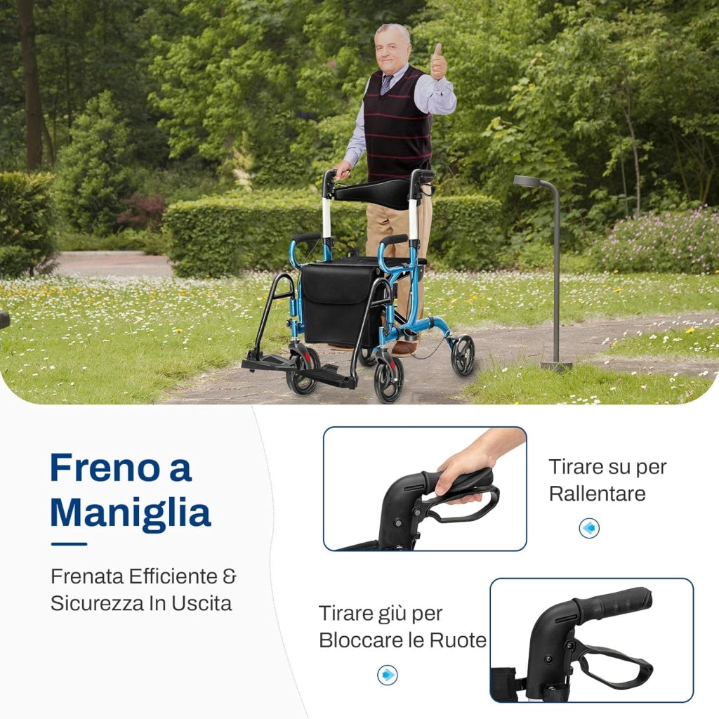Deambulatore 2 in 1 per Anziani in Alluminio, Rollator Pieghevole e Regolabile in Altezza con Sedia, Schienale Reversibile, Manici Regolabili, Ruote, Poggiapiedi e Borsa Rimovibile (Blu)