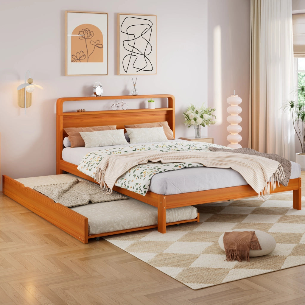 Letto Estraibile 140x200 cm e 90x190 cm; Letto Matrimoniale - 2-in-1 - Legno Naturale