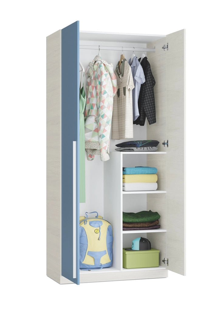 Guardaroba Alpine, Armadio per camera da letto a 2 ante battenti, Mobile con 3 ripiani e barra appendiabiti, cm 90x52h200, Bianco e Blu