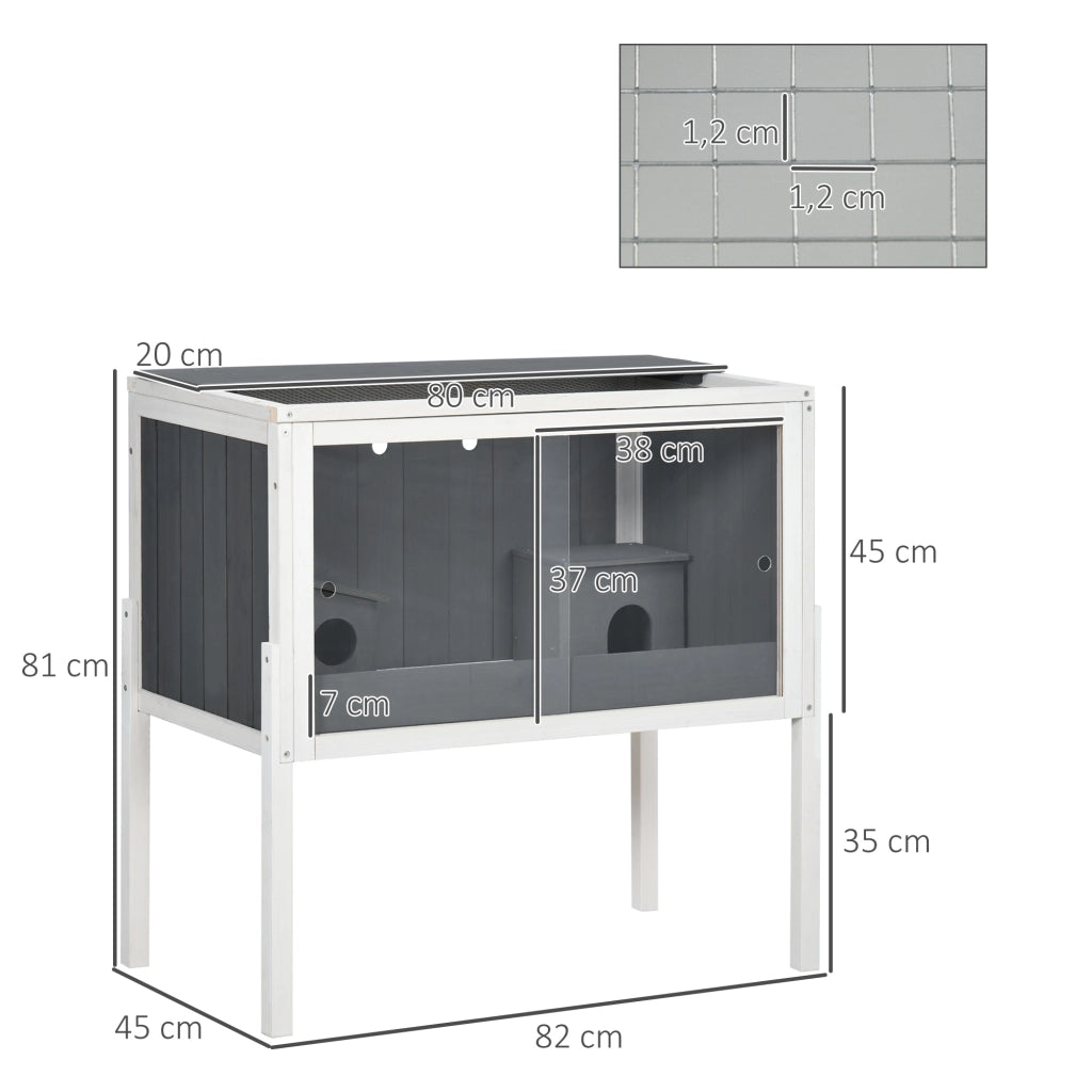 Scaffale per piccoli animali con 2 casette e ripiano in legno e filo zincato grigio scuro 82 × 45 × 81 cm