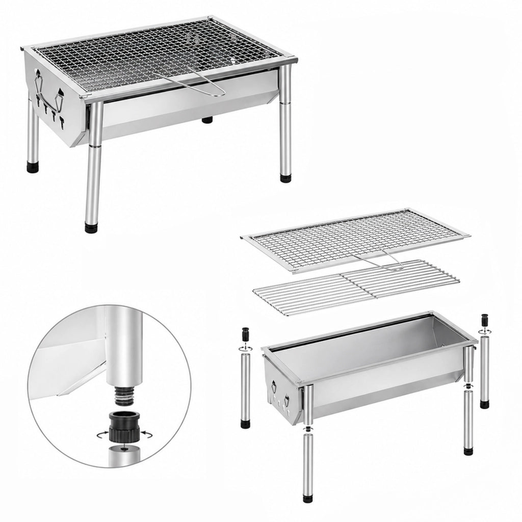 Barbecue A Carbone Portatile In Acciaio Inox Con Griglia Rimovibile Gambe Regolabili Design Compatto Salvaspazio Per Campeggio Picnic Giardino Terrazza Outdoor 40 X 28 X 21.5 Cm Acciaio