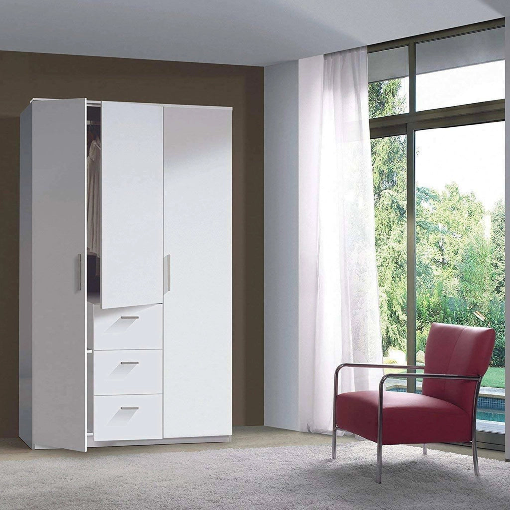 Armadio Camera da Letto Anama, Guardaroba 3 Ante 4 Ripiani, 117x52 cm Bianco