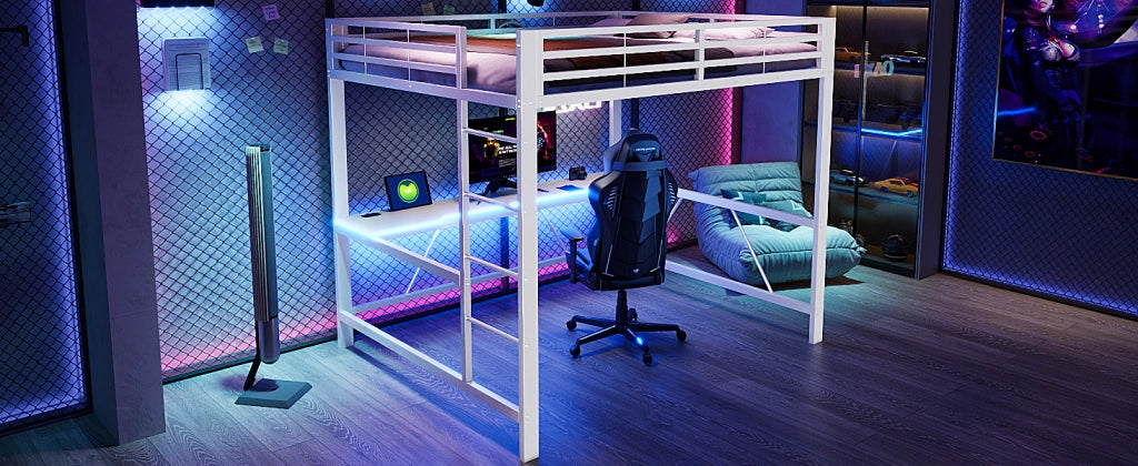Letto a soppalco 160 × 200 cm con scrivania, illuminazione LED e protezioni rialzate, senza materasso, bianco