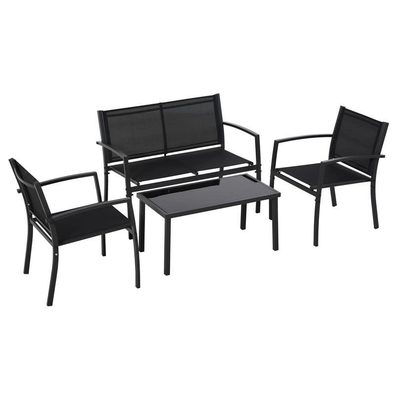SALOTTO DA ESTERNO, SET 4 PEZZI CON 1 TAVOLINO, 2 SEDIE DA GIARDINO E 1 PANCA IN METALLO, NERO