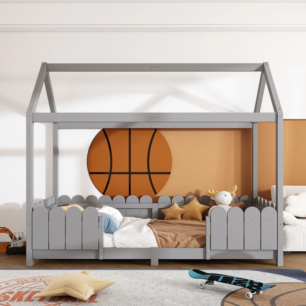 Letto a casetta per bambini 90x200 cm in legno grigio con sponde e rete a doghe