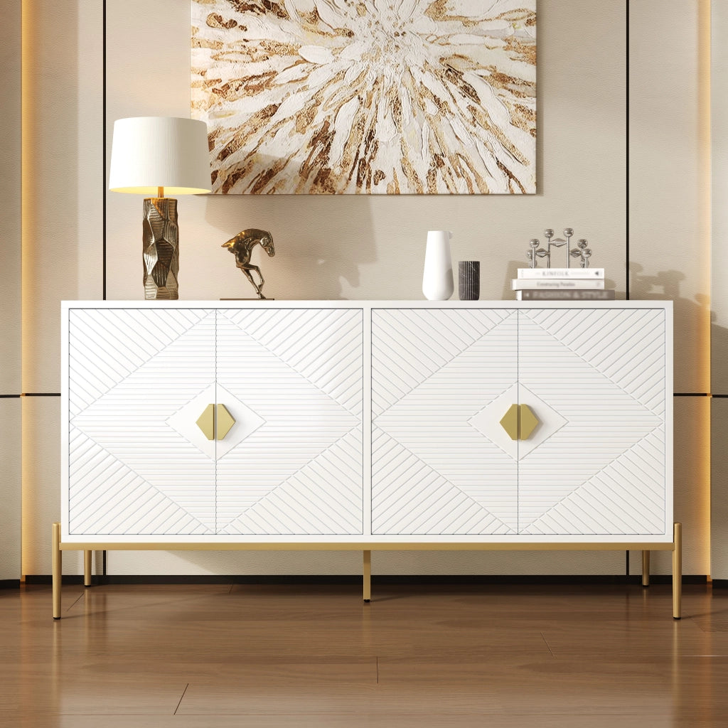 Credenza con 4 Ante; Motivo Geometrico 3D; Maniglie Dorate; Gambe in Metallo; Stile Moderno; 162??40??80 cm; Bianco