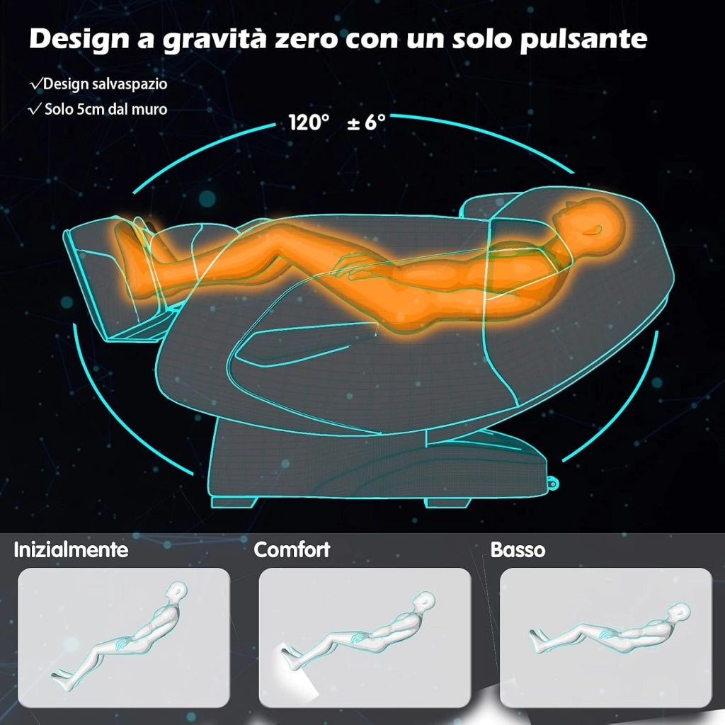 Poltrona Massaggiante 12 Modalità, a Zero Gravità, con Airbag e Rulli SL, Riscaldamento sullo Schienale, Rullo per Piedi, Rilevatore Corpo Automatico, Altoparlante Bluetooth e Timer (Nero)