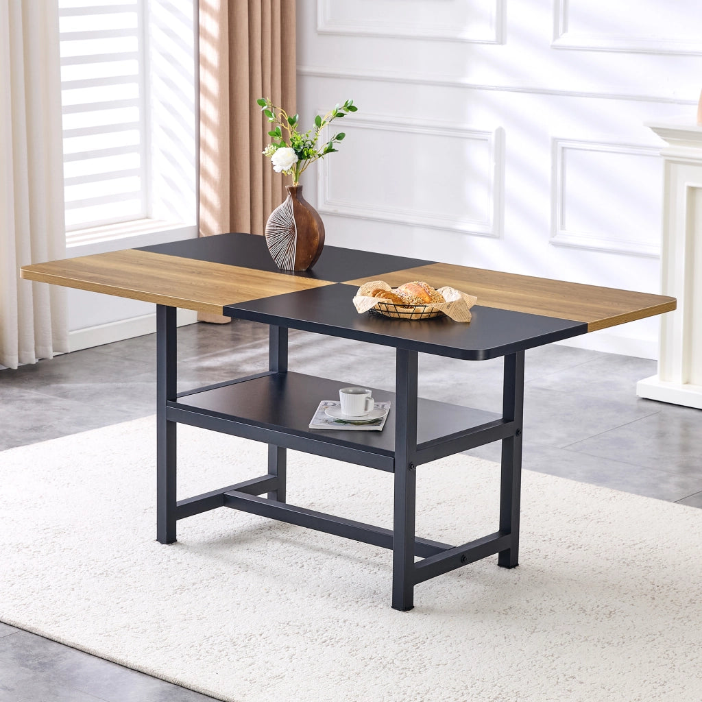 Tavolo da pranzo per 4-6 persone con ripiano integrato, struttura in MDF e metallo, nero e legno, 160 × 90 × 76 cm