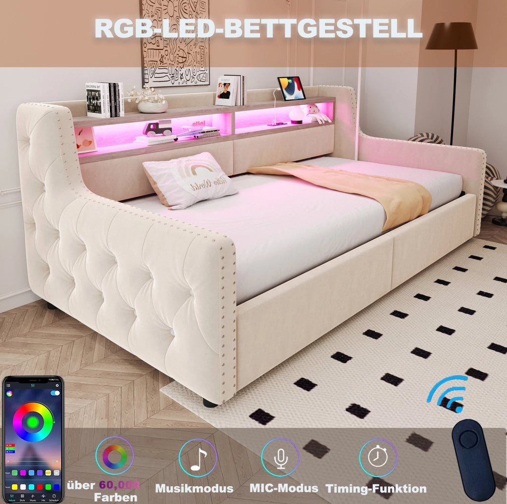Divano letto 90x200 cm in velluto beige con contenitore; LED; presa e porta USB/Type-C