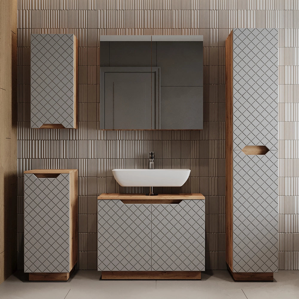 Vicco Set di mobili da bagno Rovere/grigio con struttura in piastrelle 3 parti