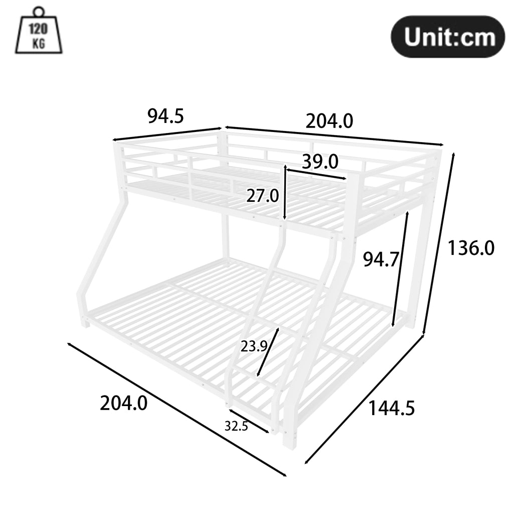 Letto a castello in metallo 90x200 cm / 140x200 cm con scala e sponde bianco