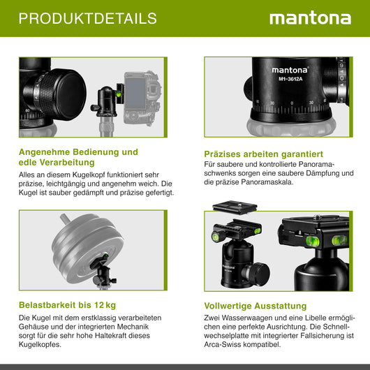 Mantona Onyx 12 Testa a sfera per stativi treppiedi fotografici (M1-3612A), in alluminio con piastra a sgancio rapido compatibile Arca-Swiss da 50 mm, funzione panoramica a 360° e 3 livelle