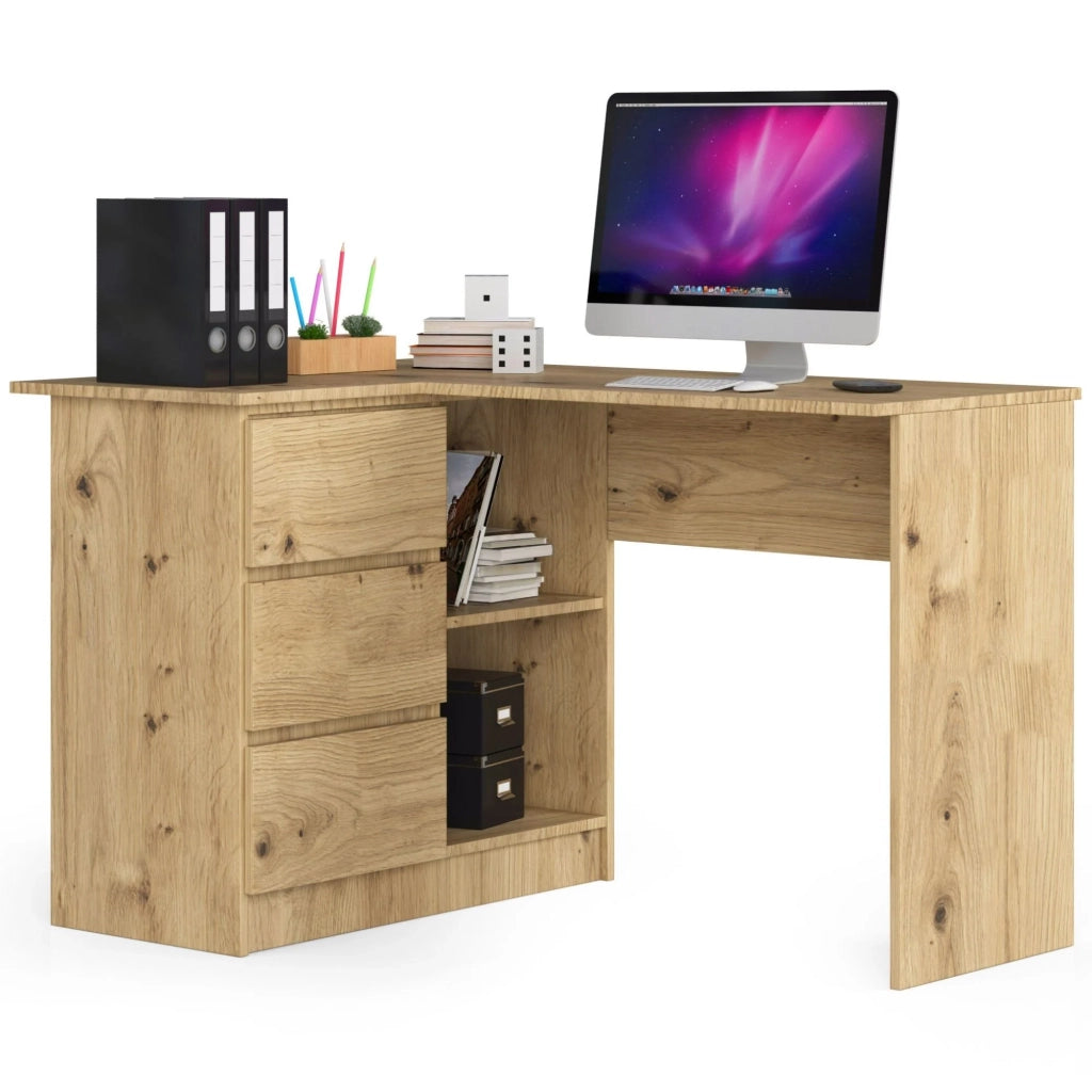 Scrivania angolare AKORD B16 Quercia Artisan 124 cm 3 cassetti 124x85x77 cm Modello a sinistra