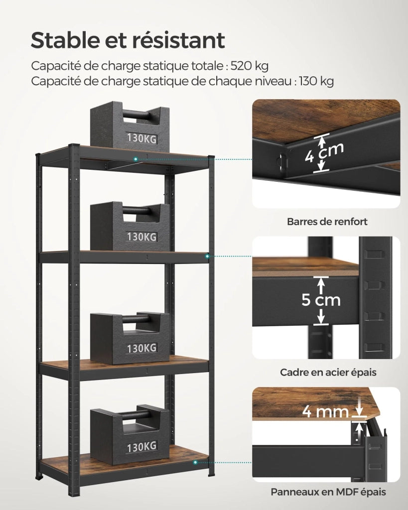 Scaffalatura per carichi pesanti 40 x 80 x 160 cm Unità di stoccaggio in acciaio a 4 livelli Scaffalatura da garage a montaggio rapido per cassette degli attrezzi Capacità 520 kg Nero 12_0005565