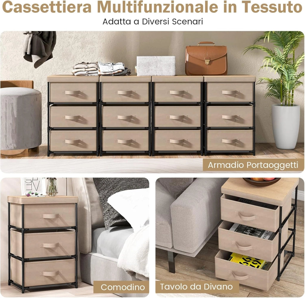 Cassettiera in Tessuto, Mobile con 3 Cassetti e Struttura Robusta in Metallo, Armadio per Camera da Letto, Soggiorno, Ingresso, 40 x 30 x 62 cm (Caffè)