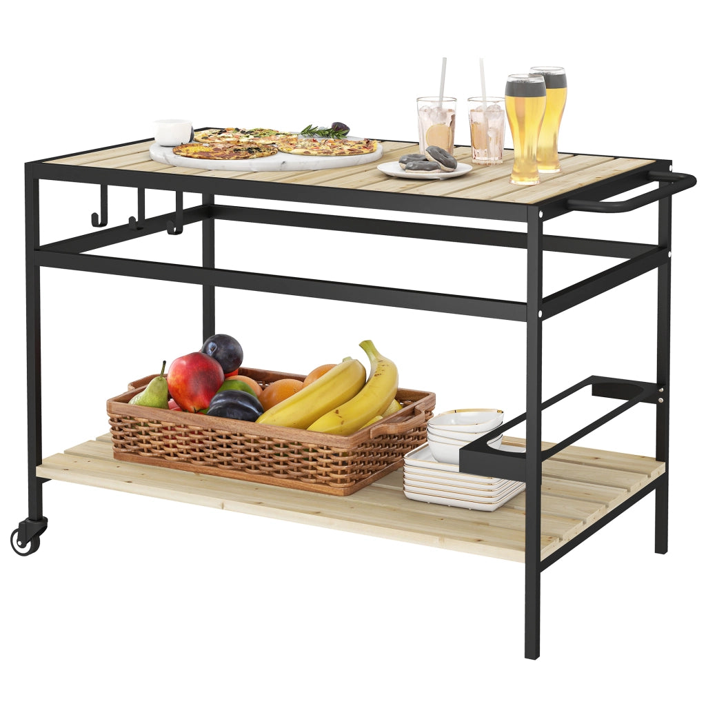 Carrello Portavivande da Giardino in Legno a Doghe e Acciaio, Ripiano e Maniglia, 107x65x80 cm