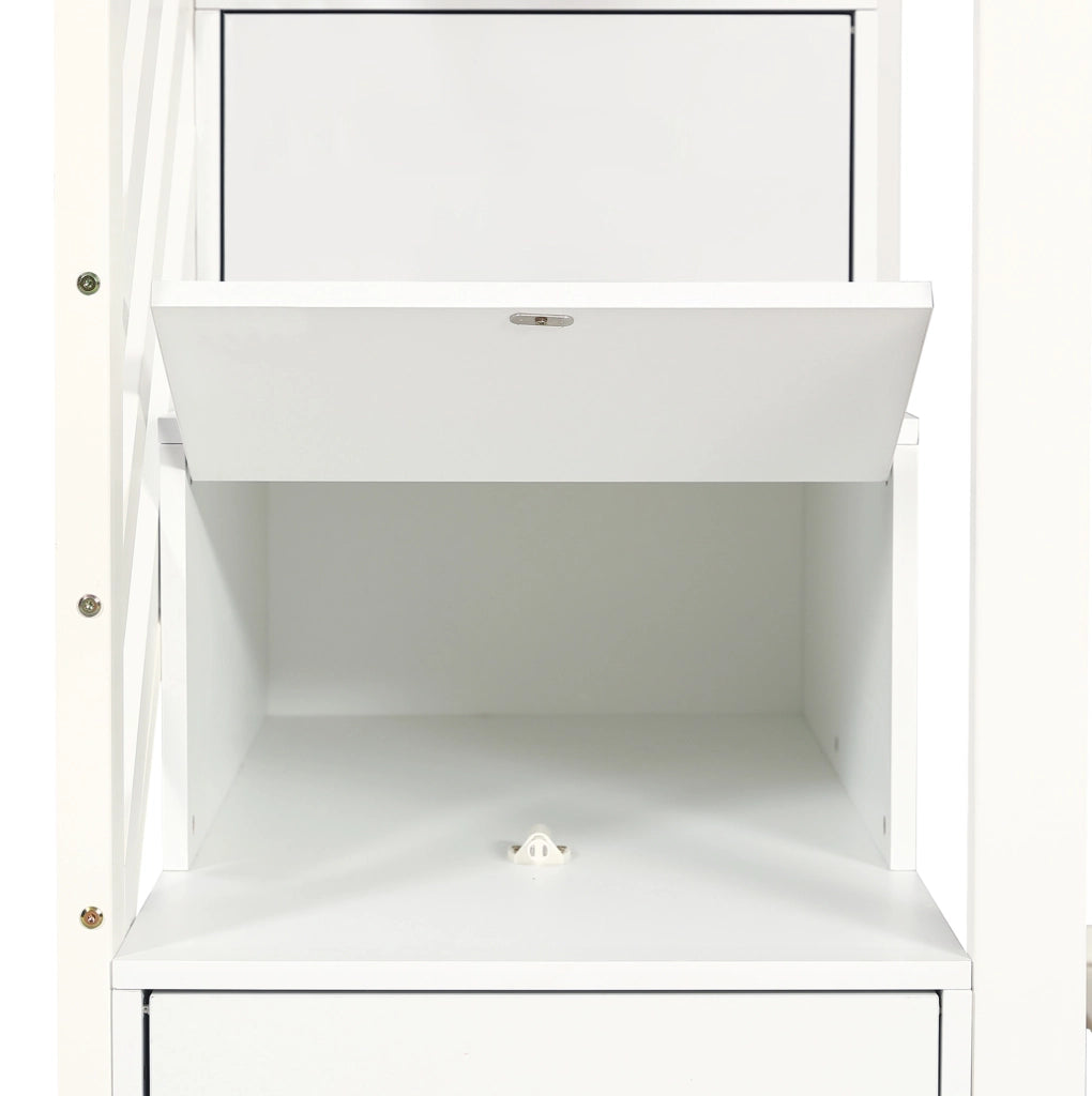 Letto a castello 90x200 cm con scala e vani portaoggetti in legno e MDF bianco naturale