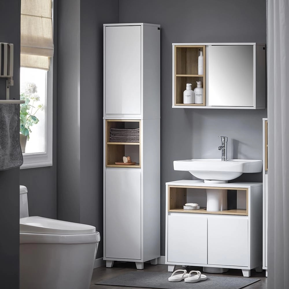 Mobile Bagno Alto e Stretto – Armadietto Salvaspazio con Ripiani Aperti e Ante – Mobiletto Bagno Bianco in MDF/PB, 30x170x30 cm, Modello BZR147-W