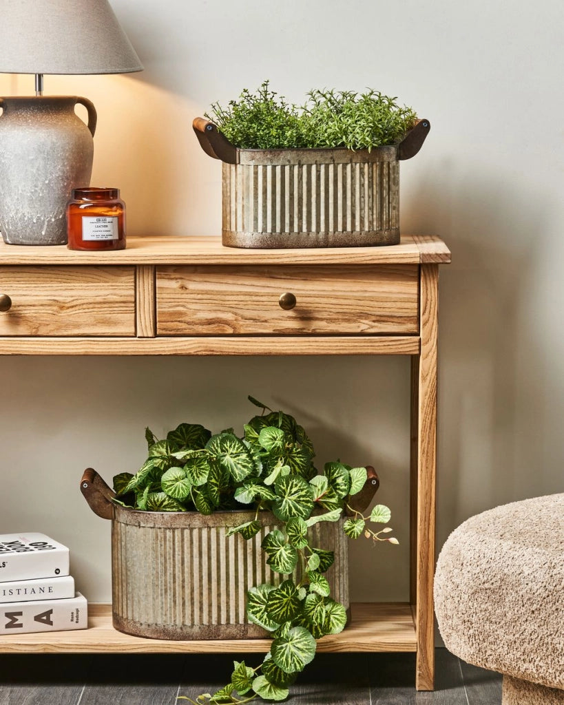 Set di 2 vasi per piante Grigio Effetto Distressed Ferro Manici in legno per interni e per esterni con plastica Stile Industriale