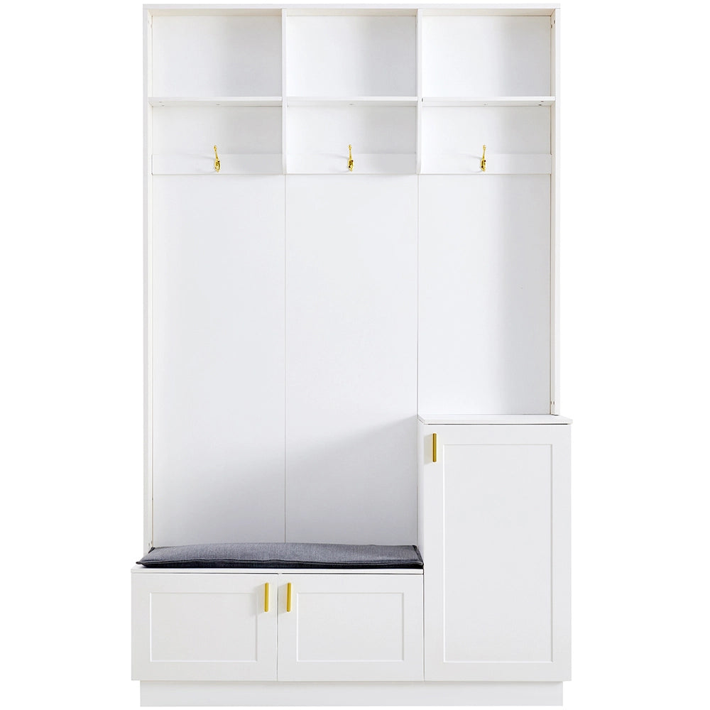 Vestiaire con panchina e ripiani - Xylo - H200xL120xP40cm - Bianco - Multifunzionale con 3 ganci