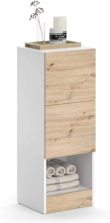 Mobiletto bagno Alf, Bianco, 35 x 92 cm con 2 cassetti, per riporre risparmiando spazio sopra la lavatrice