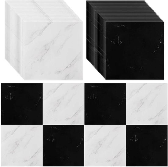 Pavimento autoadesivo 30x30 cm - Copertura pavimento in PVC - Cucina - Salotto - Bagno - 3,6 m² - Nero Bianco Marmo