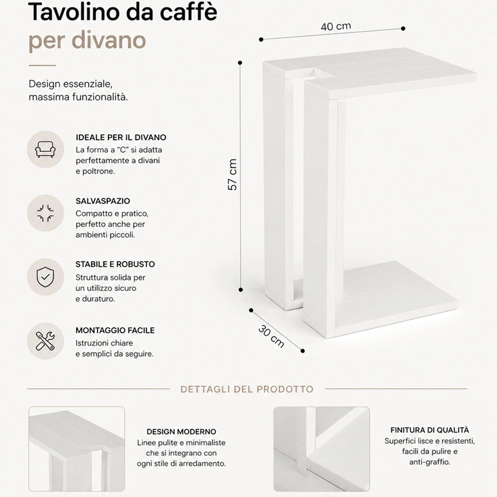 Tavolino da Caffe Porta PC Laterale Divano in Legno MDF Bianco 57x40x30cm