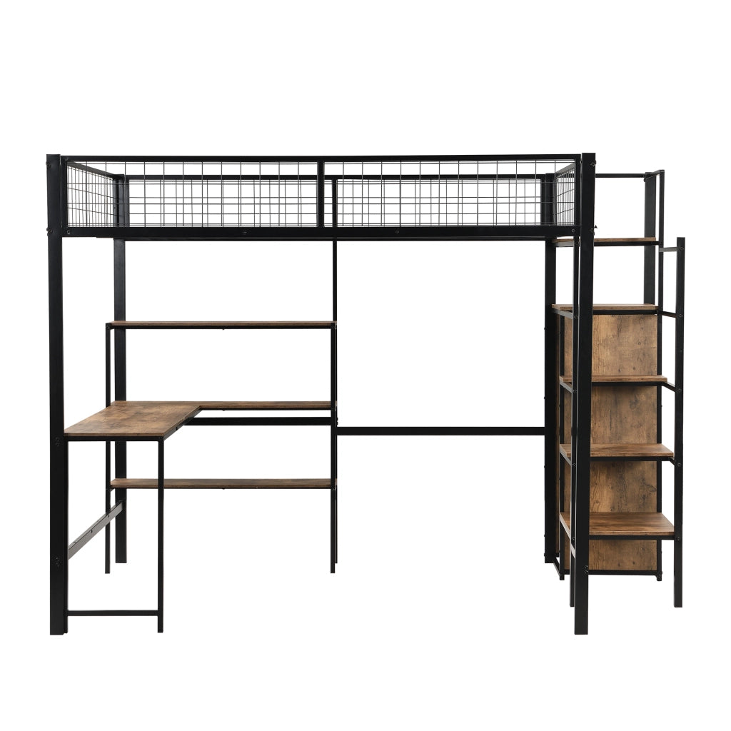 DESMIU Letto a soppalco matrimoniale con scrivania, scaffali e armadio, 140 × 200 cm, senza materasso