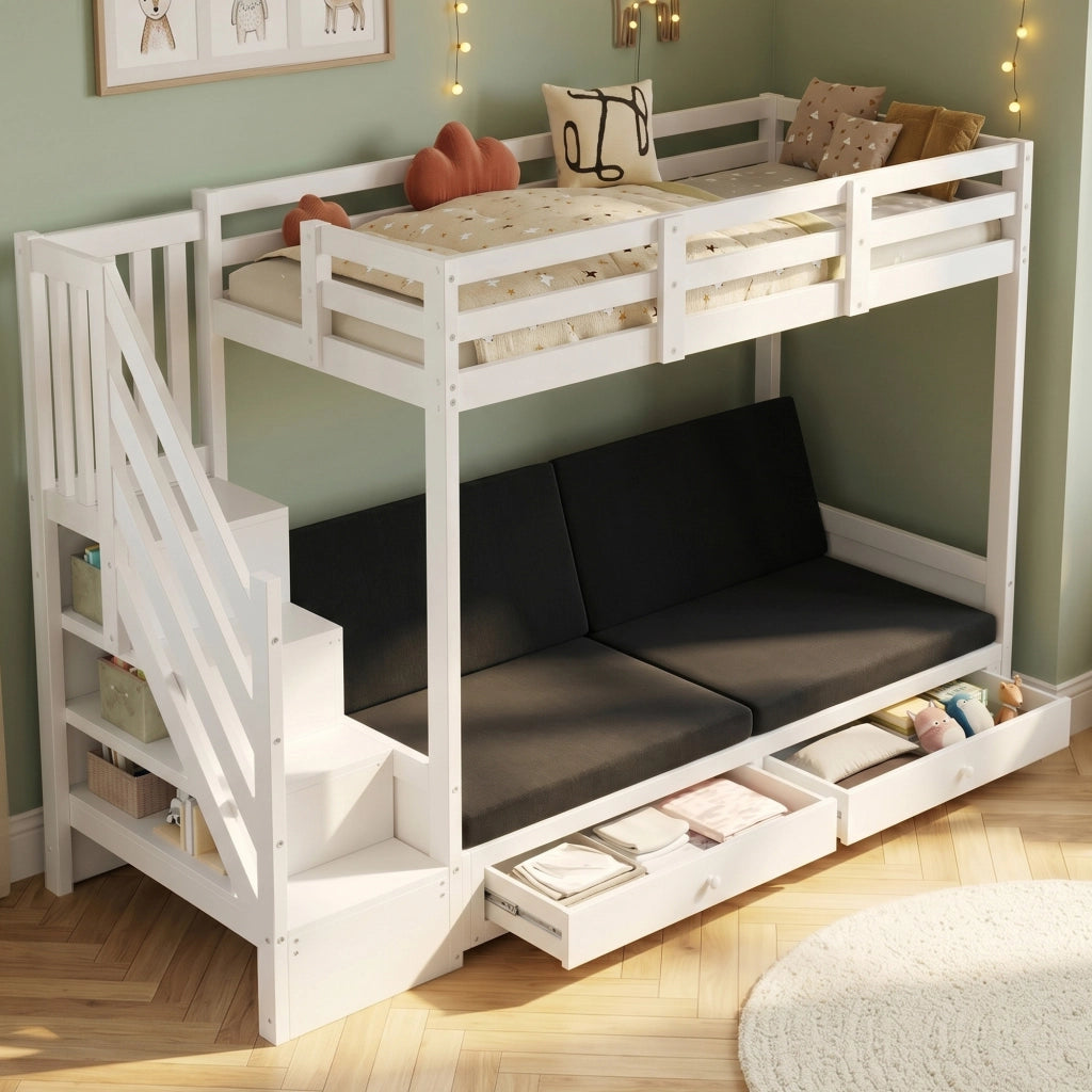 Letto a soppalco 90 × 200 cm con divano regolabile, armadio a scala e 2 cassetti, senza materasso, bianco